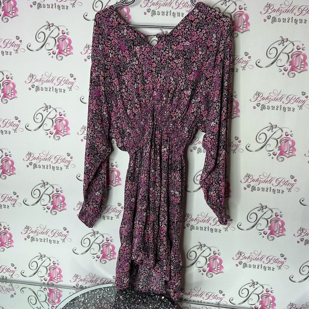 Floral Pink Dress long sleeve flowers tie up ribbon bow back stunning sundress